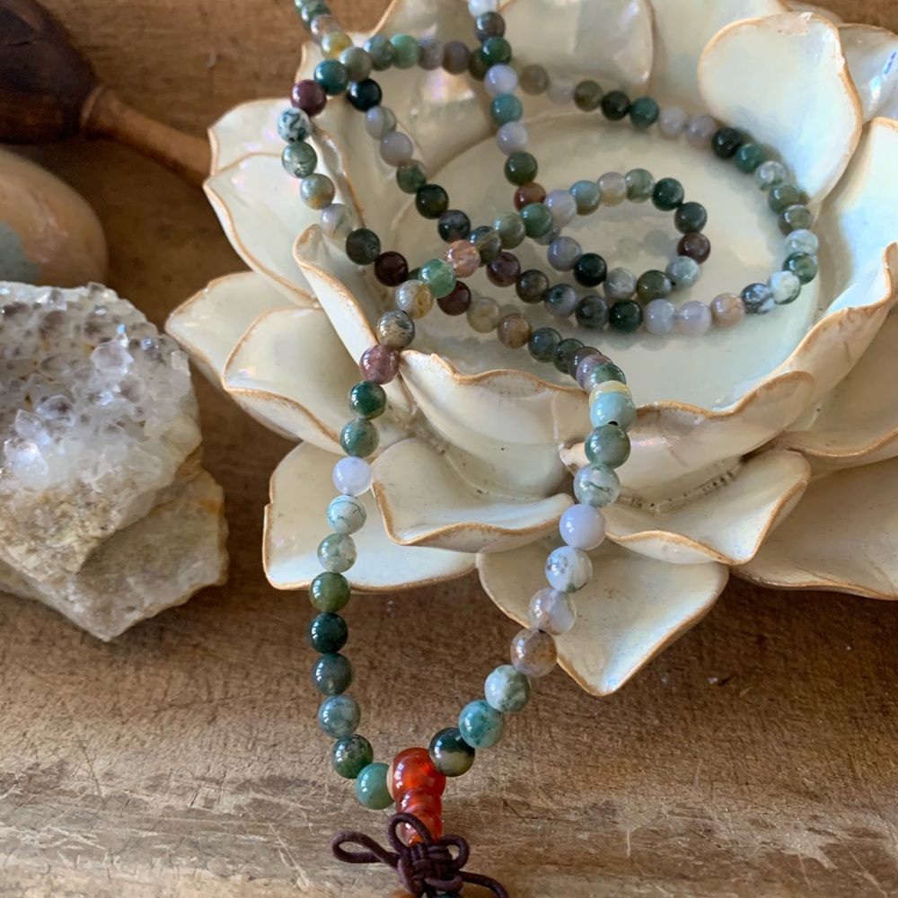 CLEARANCE MALA  prayer bead Moss agate.  Stretch for stacked bracelets